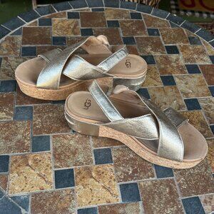 Gold lame leather wedge sandals